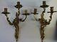 Pair of French Rococo Style Brass Candle Wall Sconces 3 Arm Candelabras Gold