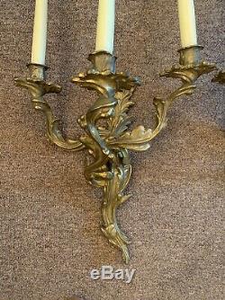 Pair of French Rococo Style Bronze Candle Wall Sconces 3 Arm Candelabras Gold