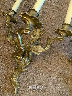 Pair of French Rococo Style Bronze Candle Wall Sconces 3 Arm Candelabras Gold