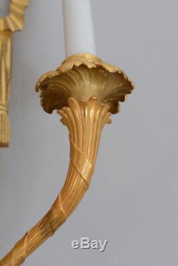 Pair of French Wall Sconce Louis XVI Gilded Bronze Wood Ribbon Marie Antoinette