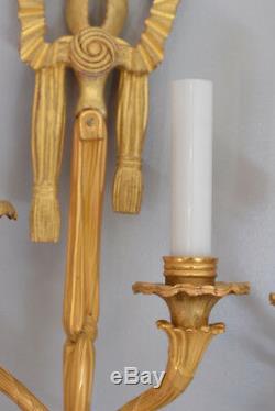 Pair of French Wall Sconce Louis XVI Gilded Bronze Wood Ribbon Marie Antoinette