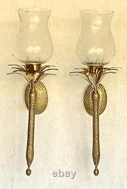 Pair of Heavy Brass Pineapple Candle Wall Sconces withHurricane Glasses