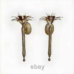 Pair of Heavy Brass Pineapple Candle Wall Sconces withHurricane Glasses