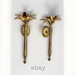 Pair of Heavy Brass Pineapple Candle Wall Sconces withHurricane Glasses