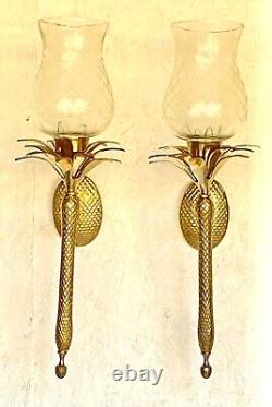 Pair of Heavy Brass Pineapple Candle Wall Sconces withHurricane Glasses