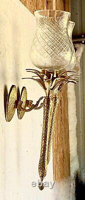 Pair of Heavy Brass Pineapple Candle Wall Sconces withHurricane Glasses