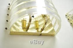 Pair of Hollywood Regency Brass & Clear Lucite Band Ribbon Wall Sconces Lights