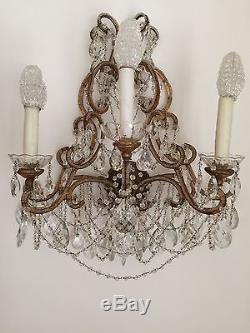 Pair of Italian Antique Gilded Crystal and Beaded Wall Sconces