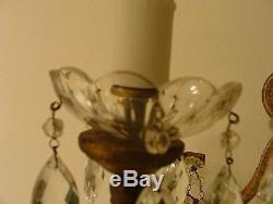 Pair of Italian Antique Gilded Crystal and Beaded Wall Sconces