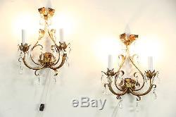 Pair of Italian Florentine Gold Vintage Wall Sconce Lights, Crystal Prisms
