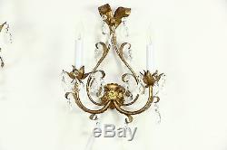 Pair of Italian Florentine Gold Vintage Wall Sconce Lights, Crystal Prisms