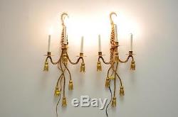 Pair of Italian Hollywood Regency Tole Metal Gold Gilt Rope Tassel Wall Sconces