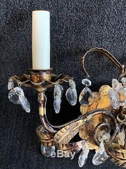 Pair of Italian Tole Wall Sconces 3-light electric leaves mid-century