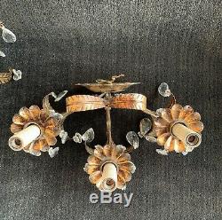 Pair of Italian Tole Wall Sconces 3-light electric leaves mid-century