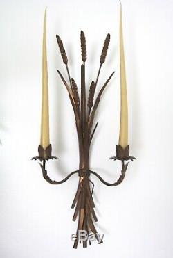 Pair of Large 25 Vintage Italian Florentine Tole Gilt Wheat Wall Candle Sconces