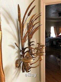 Pair of Large Gilt Wheat Sheaf Wall Sconces Metal And Wood Maison Jansen Style