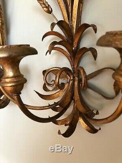 Pair of Large Gilt Wheat Sheaf Wall Sconces Metal And Wood Maison Jansen Style