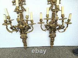 Pair of Large Vintage Gilt Bronze French Louis XV Rococo Electric Wall Sconces