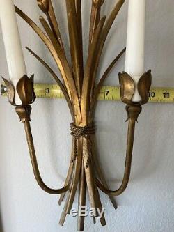 Pair of Large Vintage Italian Florentine Tole Gilt Wheat Wall Candle Sconces