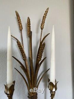 Pair of Large Vintage Italian Florentine Tole Gilt Wheat Wall Candle Sconces