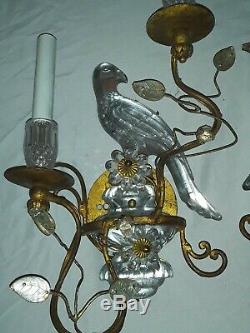 Pair of Maison Bagues Crystal Parrot Double Lighted Wall Sconces Antique Pair