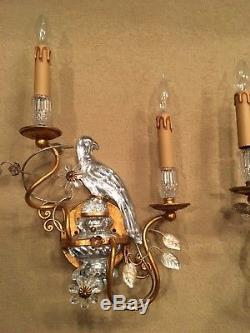 Pair of Maison Bagues Style Crystal Parrot Lighted Wall Sconces