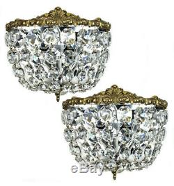 Pair of Midcentury Italian Brass & Crystal Empire Style Wall Sconces Vintage