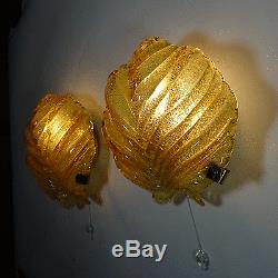 Pair of Murano Hand Blown Amber Glass Shell Wall Sconces Hollywood Regency Style