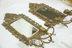 Pair of Neoclassical Bacchus Brass Bronze Beveled Mirrored Candle Wall Sconces