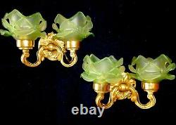 Pair of Small French Vintage Gilded Brass Wall Sconces with Green Rose Shades