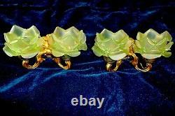 Pair of Small French Vintage Gilded Brass Wall Sconces with Green Rose Shades