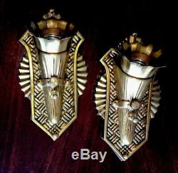 Pair of Stamped Brass Antique Art Deco Wall Sconce Fixtures