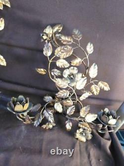 Pair of Two 2 Vintage Tole Gold Floral Wrought Iron Italian Wall Sconces Set MCM