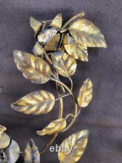 Pair of Two 2 Vintage Tole Gold Floral Wrought Iron Italian Wall Sconces Set MCM
