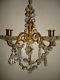 Pair of Vintage 1950's Gold Leaf Gilt Candle Wall Sconces withCrystals Italy