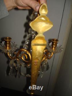 Pair of Vintage 1950's Gold Leaf Gilt Candle Wall Sconces withCrystals Italy