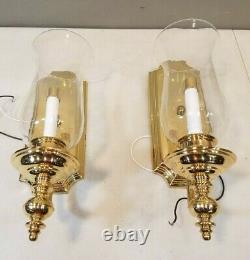 Pair of Vintage 1987 Kichler Brass Williamsburg Wall Sconces with Glass Shades