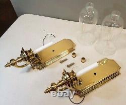 Pair of Vintage 1987 Kichler Brass Williamsburg Wall Sconces with Glass Shades