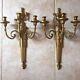 Pair of Vintage Antique Brass French Empire Style Three Tier Wall Sconces