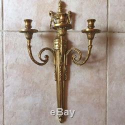 Pair of Vintage Antique Brass French Empire Style Three Tier Wall Sconces