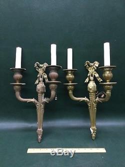 Pair of Vintage Brass Ribbon Top French Style Wall Sconces 13 1/2 Long