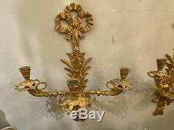 Pair of Vintage DORE BRONZE French CLASSICAL TASSLE BOW TWO Light WALL SCONCES