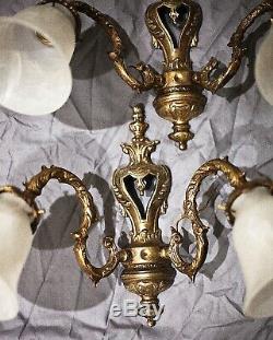 Pair of Vintage French All Brass 2 Arm Wall Lights Sconces and Alabaster Shades