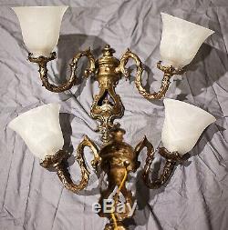 Pair of Vintage French All Brass 2 Arm Wall Lights Sconces and Alabaster Shades
