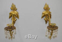 Pair of Vintage French Brass Gold Dore Wall Candle Sconces with Crystals c 1890s