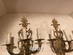 Pair of Vintage French Solid Brass 3 lite electric Wall Candle Sconces 16