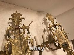 Pair of Vintage French Solid Brass 3 lite electric Wall Candle Sconces 16