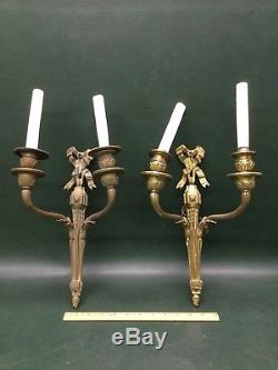 Pair of Vintage French Style Wall Sconces with Ribbon Tops 13 1/2 Long