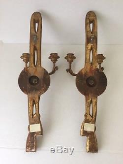 Pair of Vintage Gold Carved Wood Italian Wall Candle Sconce (BC)