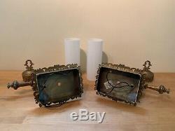Pair of Vintage Gold Ornate Wall Sconces Electric Light Fixtures with Glass Globes